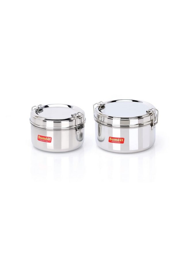 Sumeet Stainless Steel Meal Pack Lunch Box/Tiffin with Steel Separator Plate and Locking Clip, Set of 2Pc, 300ML & 500ML, 11.5cm & 13cm Dia, Silver