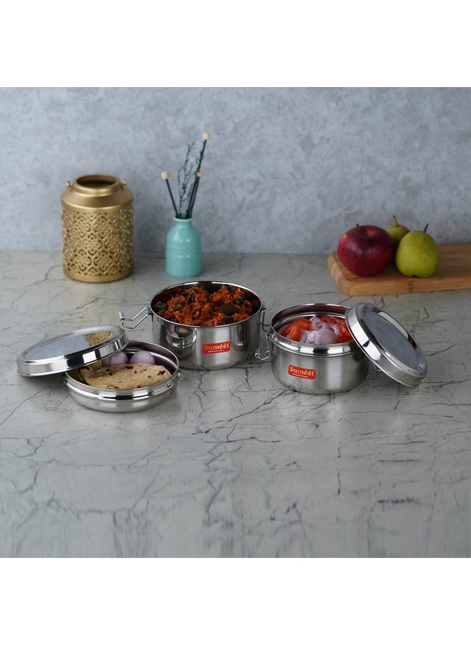 Sumeet Stainless Steel Meal Pack Lunch Box/Tiffin with Steel Separator Plate and Locking Clip, Set of 2Pc, 300ML & 500ML, 11.5cm & 13cm Dia, Silver