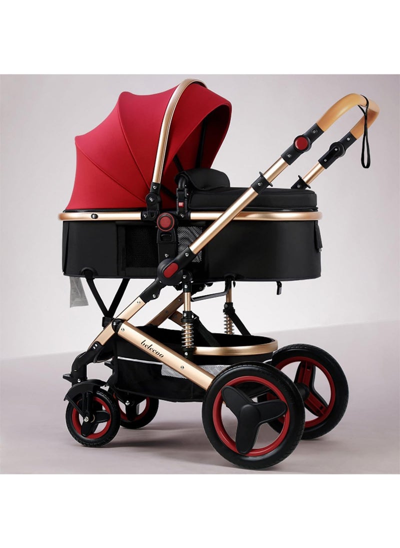 Baby Stroller with Canopy Baby Bassinet Stroller Infant 3 in 1 Stroller with Reversible Seat with Rubber Wheel and Good Shock absorption