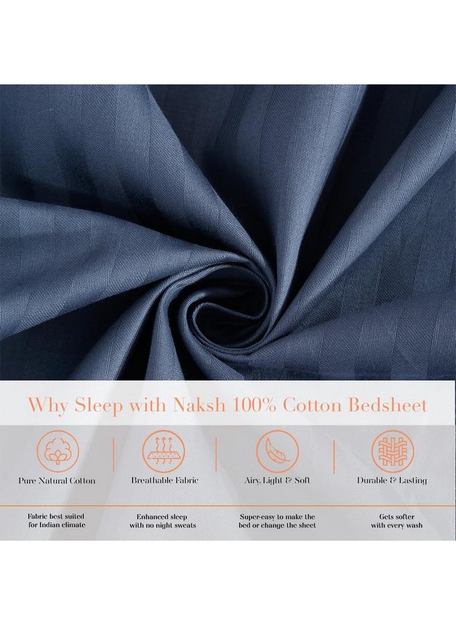 Naksh Queen Size Bedsheet Cotton 210 Tc Stripes, Mid Blue | 1 Cotton Bedsheets for Queen Size Bed (88 x 100 Inch) and 2 Pillow Covers