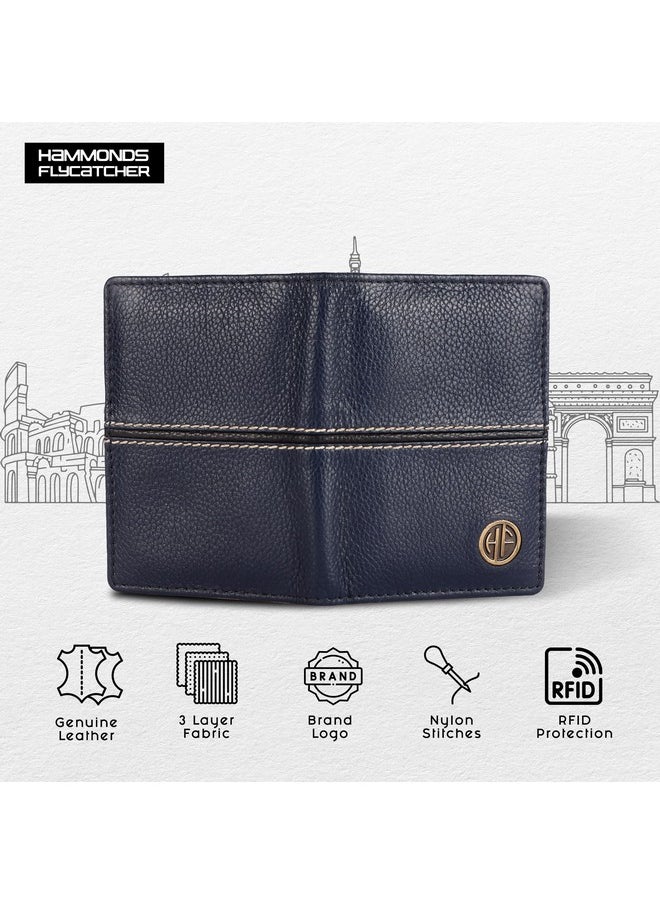 HAMMONDS FLYCATCHER Genuine Leather Card Holder for Men, Credit Card Holder, Slim Bi-Fold RFID Protected Credit Card Wallet for Men with 6 Card Slots, Metal Snap Button, Blue