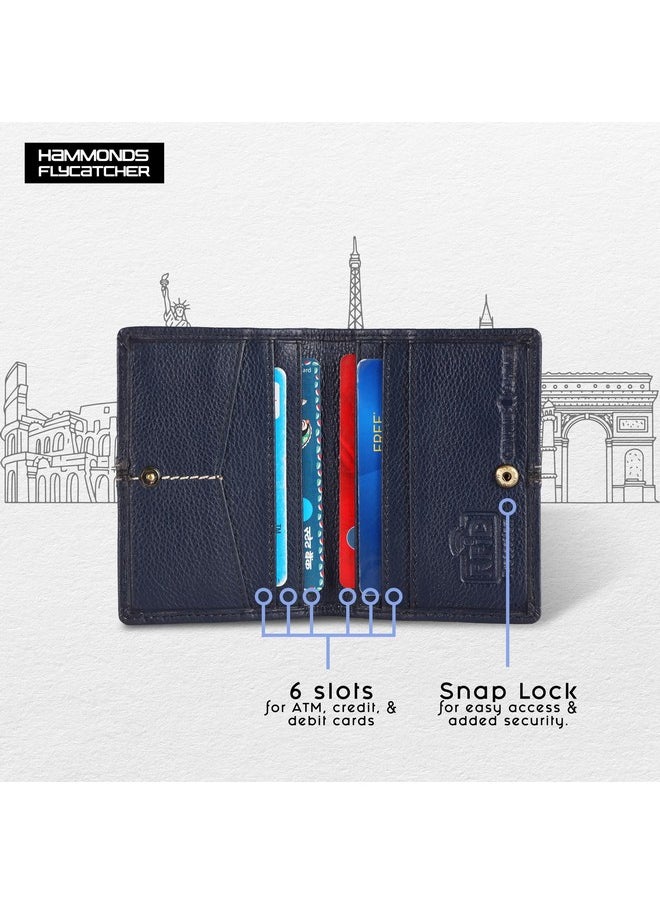 HAMMONDS FLYCATCHER Genuine Leather Card Holder for Men, Credit Card Holder, Slim Bi-Fold RFID Protected Credit Card Wallet for Men with 6 Card Slots, Metal Snap Button, Blue