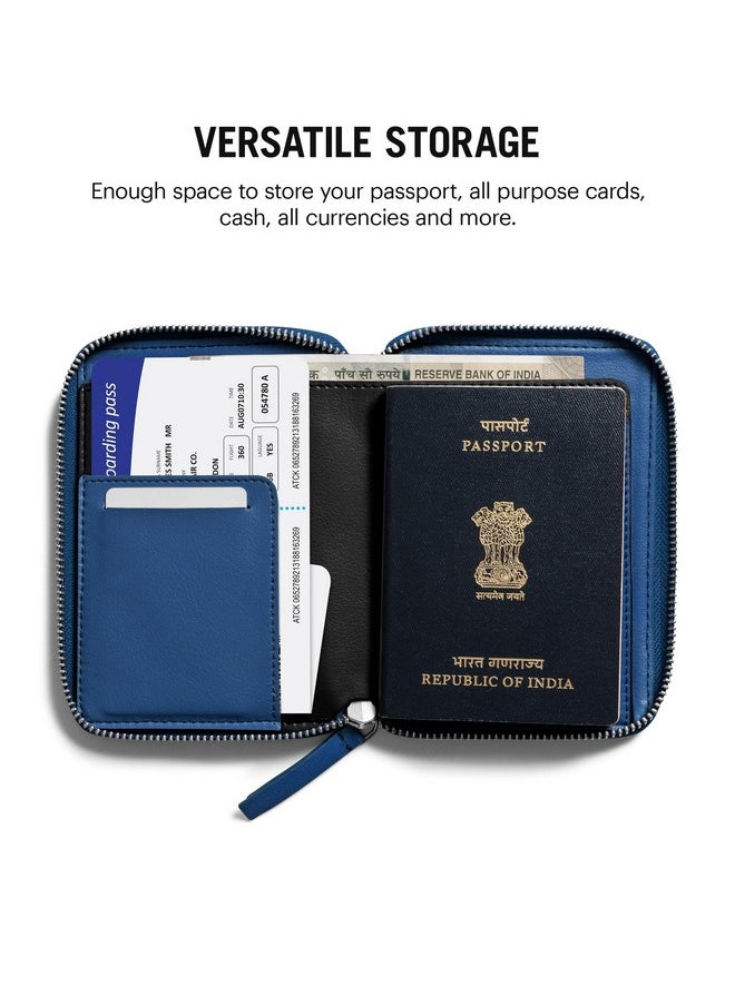 DailyObjects Check-In Travel Passport Wallet Cover for Men and Women | Passport Cover with Zip Around Closure made of Vegan Leather | Passport Holder with Credit Debit Card Slots - Blue