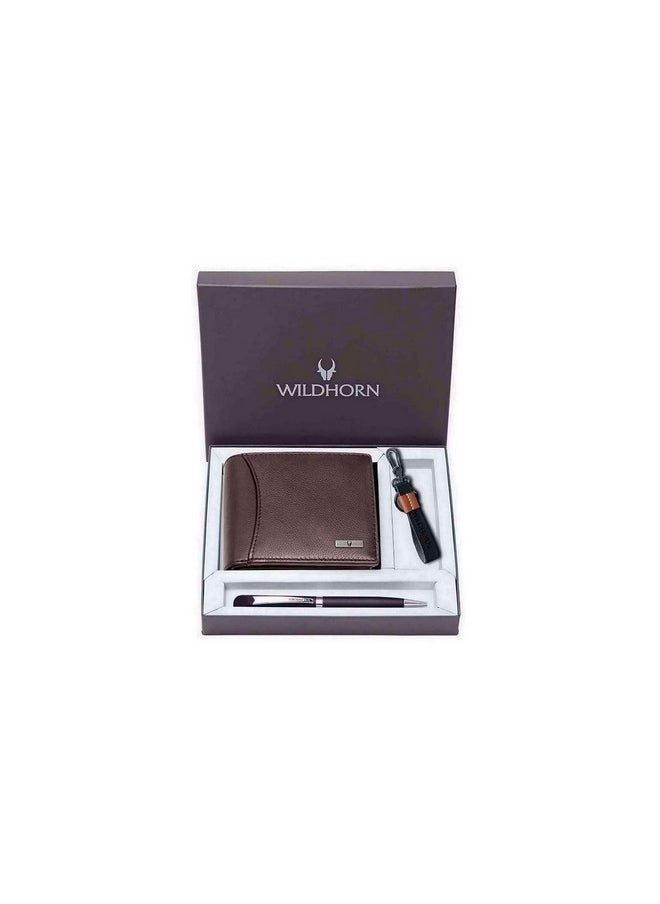 WildHorn Gift Hamper for Men I RFID Protected Leather Wallet, Keychain & Pen Combo Gift Set I Gift for Friend, Boyfriend,Husband,Father, Son etc (Brown M)