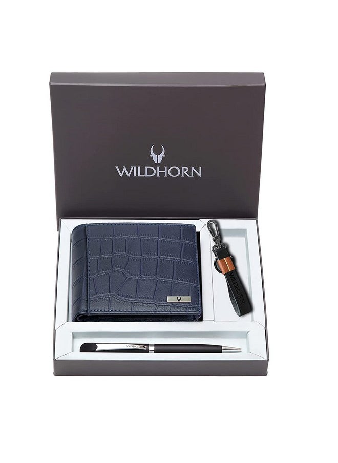 WildHorn Gift Hamper for Men I Leather Wallet, Keychain & Pen Combo Gift Set I Gift for Friend, Boyfriend,Husband,Father, Son etc (Blue Cr M)