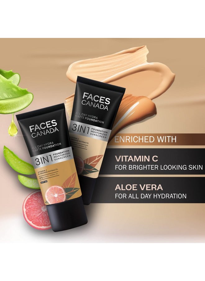 FACESCANADA All Day Hydra Matte Foundation|3-In-1 Foundation + Moisturizer Cream+Spf 30|24 Hr Aloe Hydration&Vitamin C|10Hr Long Wear|Medium To High Buildable Coverage|Golden Beige 032|25Ml,Pack Of 1