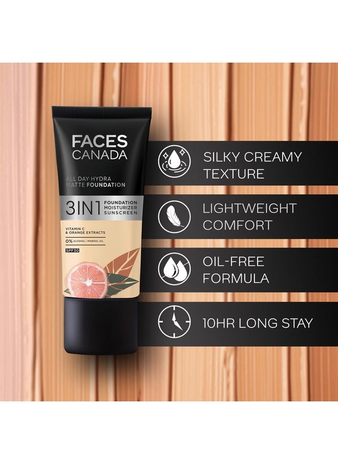FACESCANADA All Day Hydra Matte Foundation|3-In-1 Foundation + Moisturizer Cream+Spf 30|24 Hr Aloe Hydration&Vitamin C|10Hr Long Wear|Medium To High Buildable Coverage|Golden Beige 032|25Ml,Pack Of 1