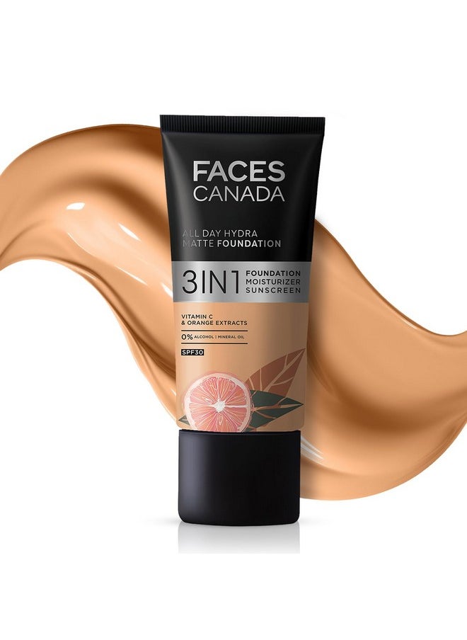 FACESCANADA All Day Hydra Matte Foundation|3-In-1 Foundation + Moisturizer Cream+Spf 30|24 Hr Aloe Hydration&Vitamin C|10Hr Long Wear|Medium To High Buildable Coverage|Golden Beige 032|25Ml,Pack Of 1