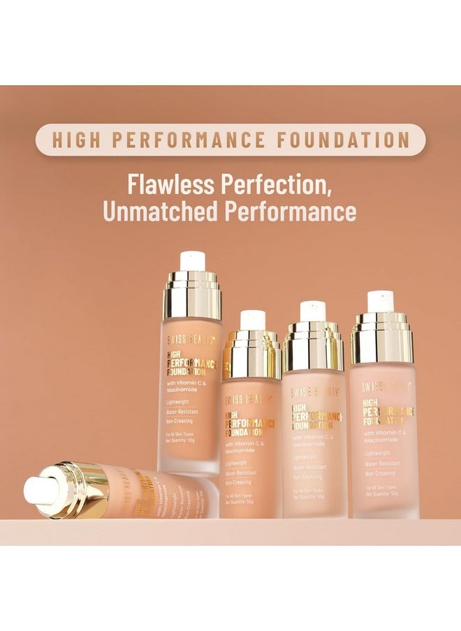 Swiss Beauty High Performance Foundation | Water-Resistant | Medium to Buildable Coverage | Lightweight | Easy to Blend | With Vitamin C & Niacinamide | Natural Buff, 55g