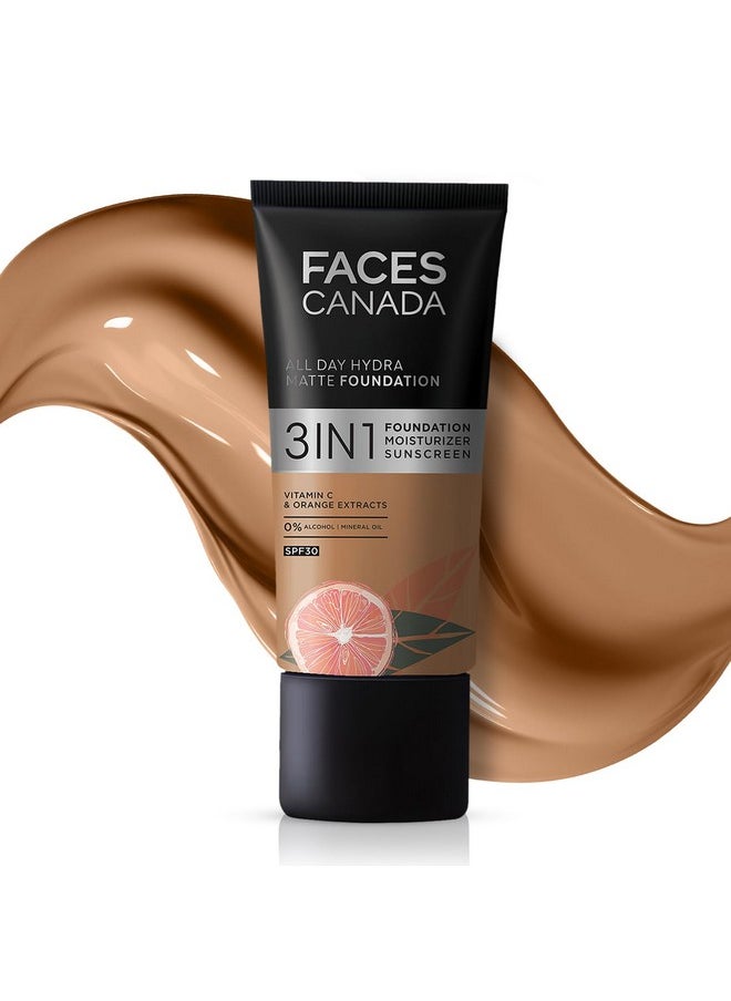 FACESCANADA All Day Hydra Matte Foundation Cream| 3-In-1 Foundation + Moisturizer + Spf 30 | 24 Hr Aloe Hydration & Vitamin C | 10Hr Long Wear | Medium To High Buildable Coverage | Warm Sand | 25Ml