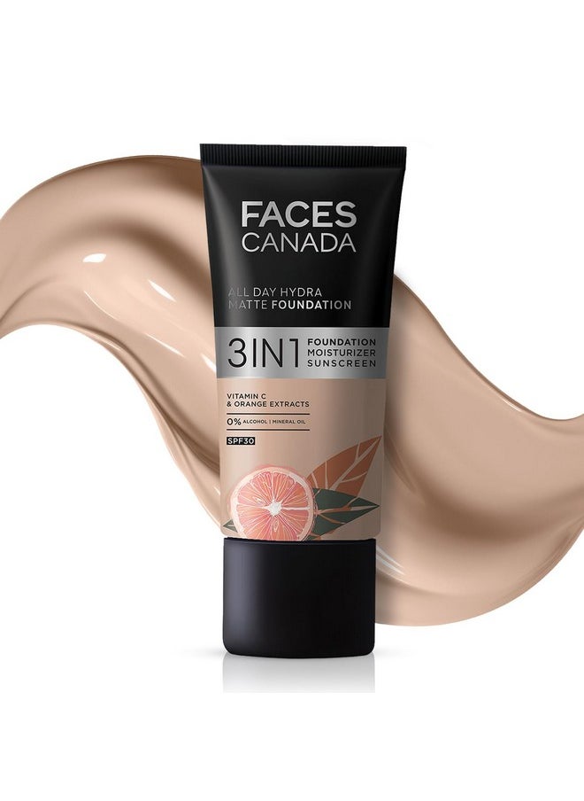 FACESCANADA All Day Hydra Matte Foundation|3-In-1 Foundation + Moisturizer Cream + Spf 30|24 Hr Aloe Hydration&Vitamin C|10Hr Long Wear|Medium To High Buildable Coverage|Rich Ivory 013|25Ml,Pack Of 1