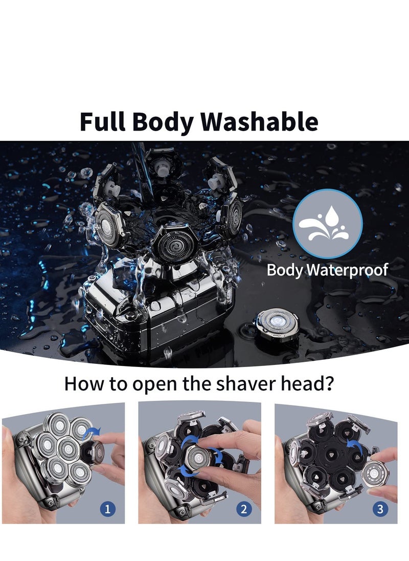 Bald Head Shavers for Men Waterproof Electric Rechargeable Balding Head Shaver Professional Anti-Pinch Shave Bald Head Wet&Dry Rotary Close Razor with Replaceable Grooming Shaving Heads