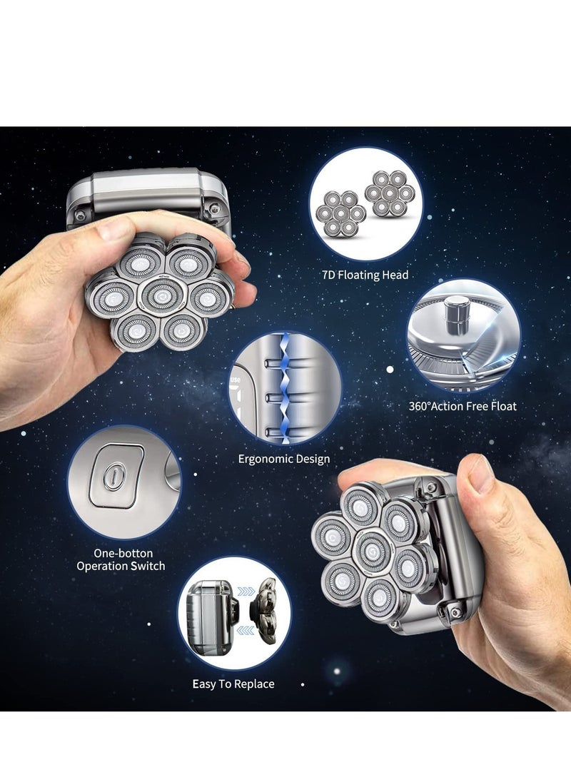 Bald Head Shavers for Men Waterproof Electric Rechargeable Balding Head Shaver Professional Anti-Pinch Shave Bald Head Wet&Dry Rotary Close Razor with Replaceable Grooming Shaving Heads