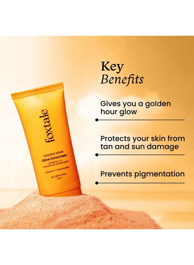 FoxTale - (Pack Of 2) Essentials Daily Glow Sunscreen Spf 50 Sunscreen Vitamin C & Niacinamide, Uva & Uvb Filters-Clinically Proven Brightening Ingredients, No White Cast, Non-Greasy Formula, 50 Ml