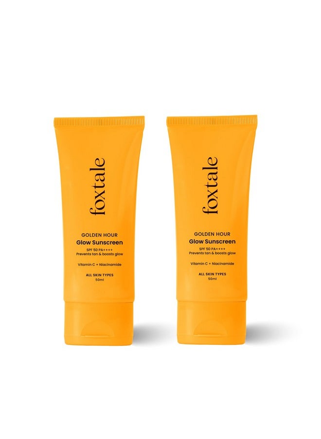 FoxTale - (Pack Of 2) Essentials Daily Glow Sunscreen Spf 50 Sunscreen Vitamin C & Niacinamide, Uva & Uvb Filters-Clinically Proven Brightening Ingredients, No White Cast, Non-Greasy Formula, 50 Ml