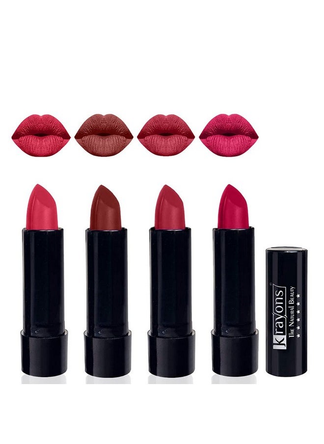 Krayons Cute Pop Moisturizing Matte Lipstick, Waterproof, First Crush, Cherry Maroon, Orange Tango, Pink Lips, 3.5gm Each (Pack of 4)
