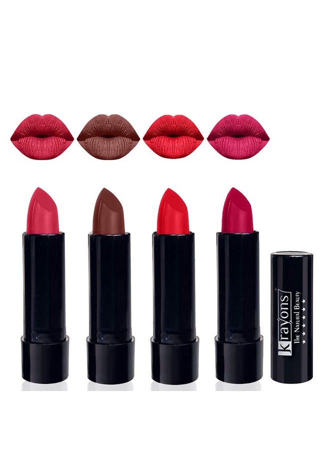 Krayons Cute Pop Moisturizing Matte Lipstick, Waterproof, First Crush, Brick Tone, Orange Crush, Pink Lips, 3.5gm Each (Pack of 4)
