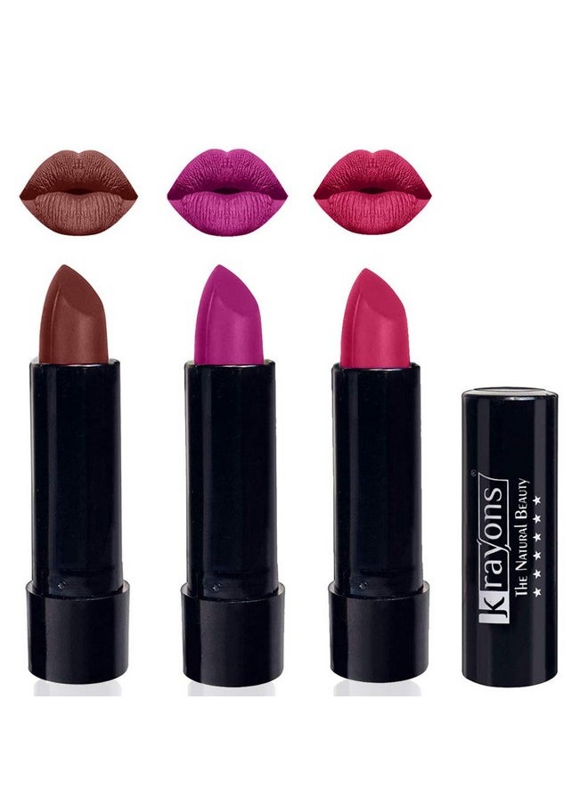 Krayons Cute Pop Matte Lipstick, Waterproof, Longlasting, Brick Tone, French Rose, Angel Pink, 3.5gm Each (Pack of 3)