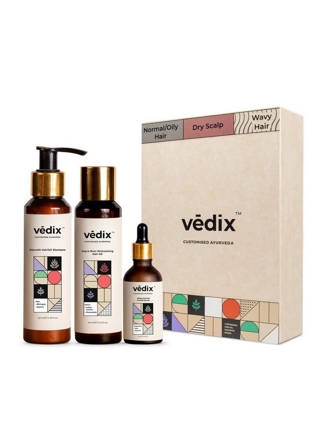 Vedix Customized Hair Fall Control Regimen For Normal/Oily Hair - Dry Scalp & Wavy Hair - 3 Product Kit - Anti Hair Fall Oil With Onion+Indian Licorice - Hair Growth Serum, 540 Grams