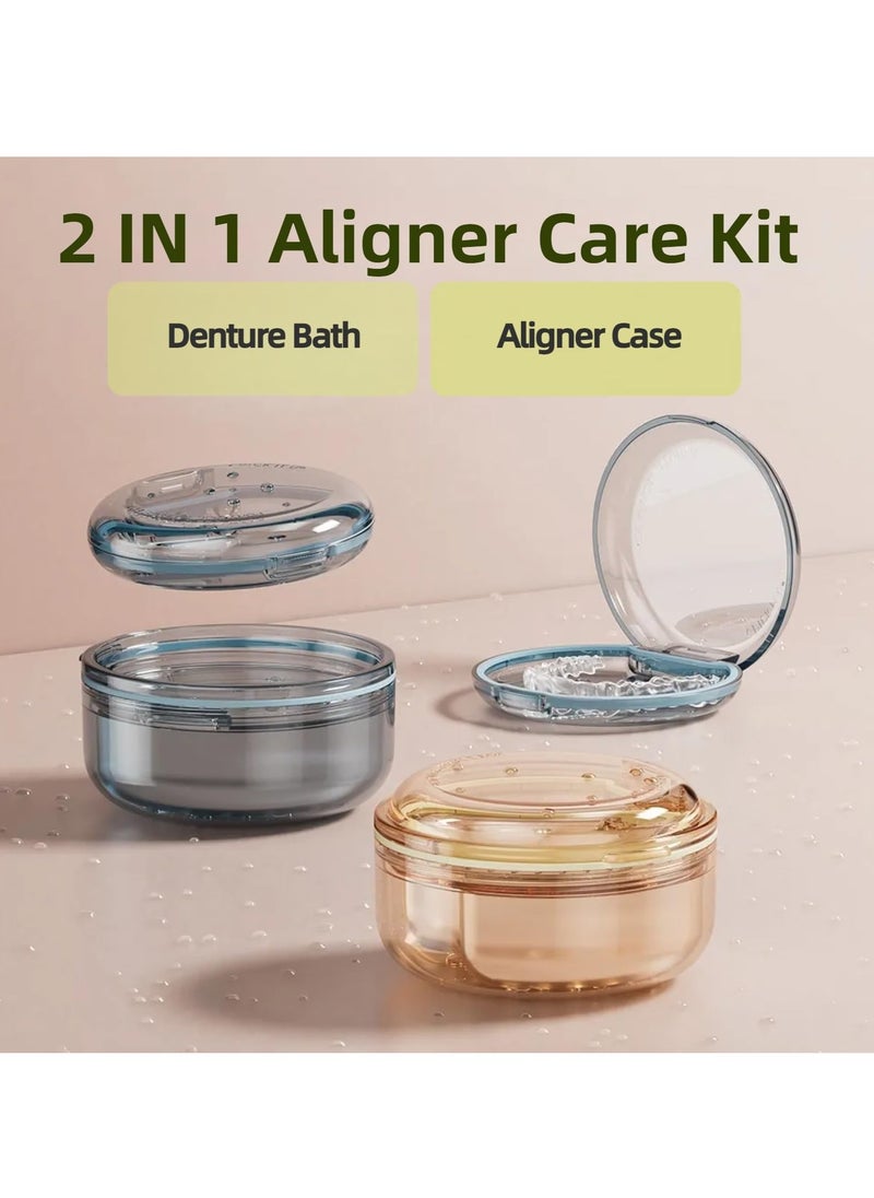 Portable Denture and Aligner Care Kit, Leak-Proof Case with Mouth Guard Cup for Easy Cleaning and Soaking