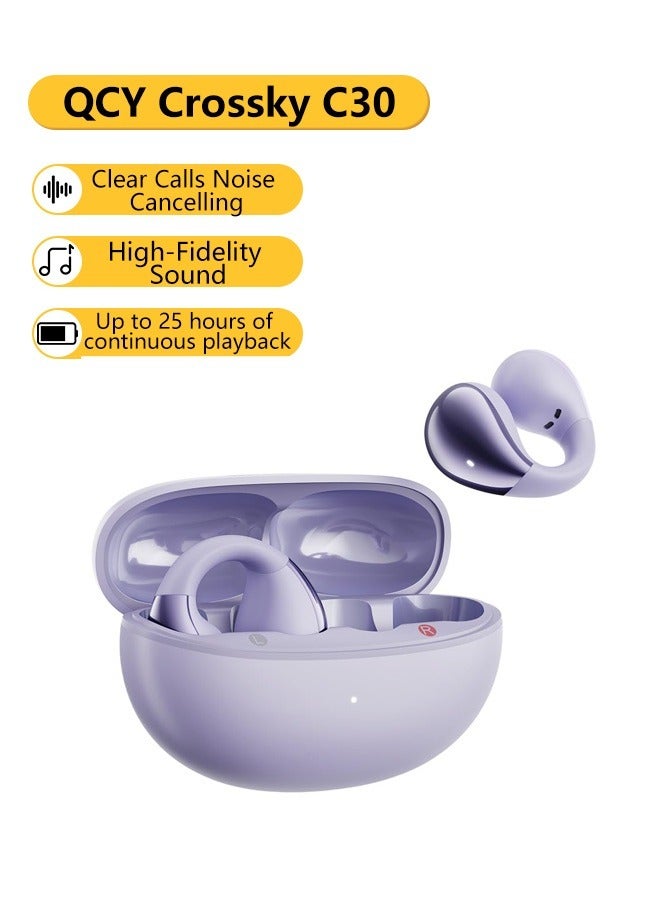 Crossky C30 Open Ear Headphones Wireless Bluetooth, Clip-On Earbuds with 4 ENC Noise Cancelling Mic, Stable Fit, Dual Connection, EQ Customized, Sports Earphones for Workout/Running - Purple