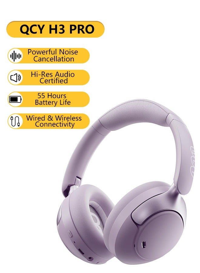 H3 PRO Over Ear Headphones Adaptive ANC, Wired & Wireless Connectivity, 50dB Active Noise Cancellation with Multiple Modes, LDAC Hi-Res Wireless Audio, 55H Playtime, Custom EQ via App - Purple
