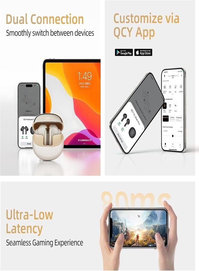 MeloBuds Pro HT08, Wireless Earbuds, Active Noise Cancellation Bluetooth Earphones, Comfortable Fit, Ultra-Low Latency Gaming Earbuds, 34 Hours Playtime - Gold