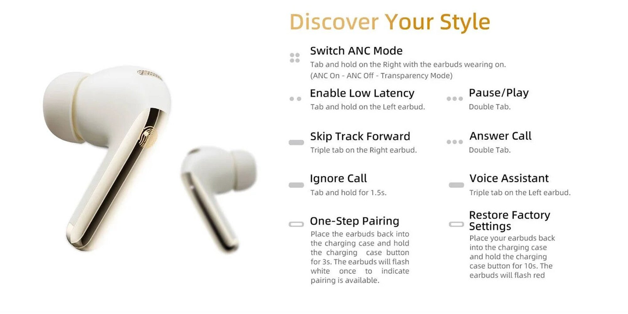 MeloBuds Pro HT08, Wireless Earbuds, Active Noise Cancellation Bluetooth Earphones, Comfortable Fit, Ultra-Low Latency Gaming Earbuds, 34 Hours Playtime - Gold