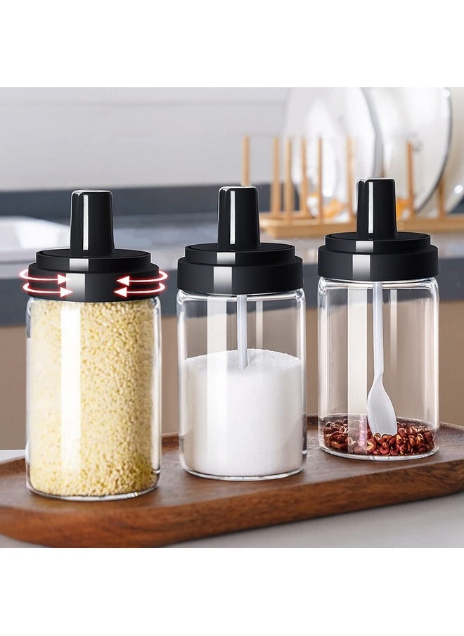 Wolpin Spice Box Glass Jars (Set Of 3 Pcs) Multipurpose Masala Seasoning Box Set With Attached Spoons See-Through Container Leak Proof (300 Ml Each) - Transparent