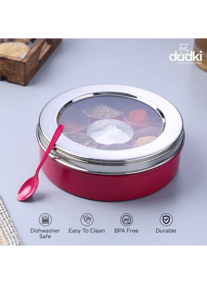 Dudki 7 in 1 spice box for kitchen sturdy stainless steel masala dabba jar minimal design (PINK)