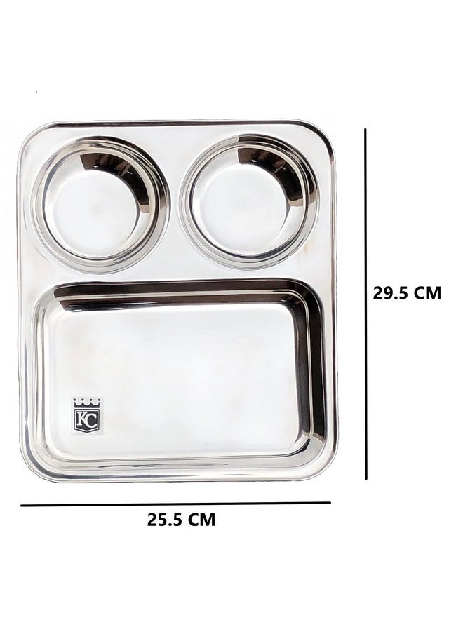 KC Stainless Steel Partition Plate 3 in1 | Bhojan Thali | Snacks Plate | Dinner Plate Set of 4