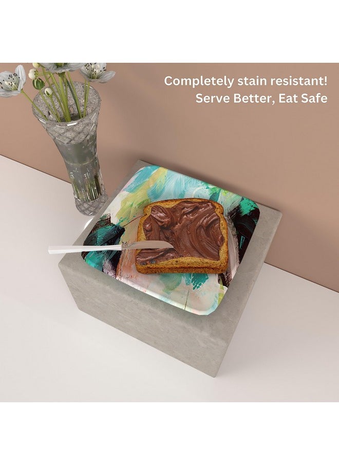 Castleite Bliss Melamine Quarter Plates Set Of 6 - Size 7', Non Breakable, Square Designer Plate For Serving Snacks, Breakfast, Lunch Or Dinner At Home, Or Cafe, Stainless (Tropicana Cabana) - White