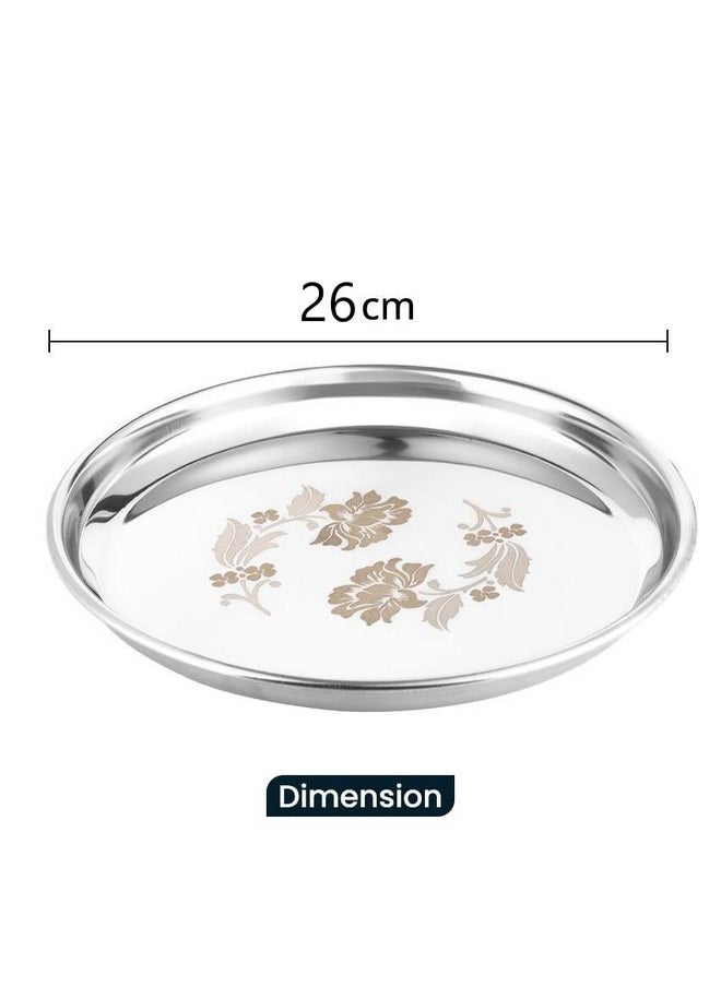 KC Stainless Steel Dinner Plate | Thali | Khumcha Plate with Laser Flower Design Set of 4 Plates (Diamm. 27 Cms)
