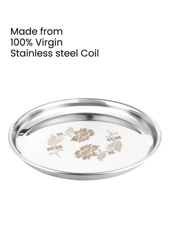 KC Stainless Steel Dinner Plate | Thali | Khumcha Plate with Laser Flower Design Set of 4 Plates (Diamm. 27 Cms)