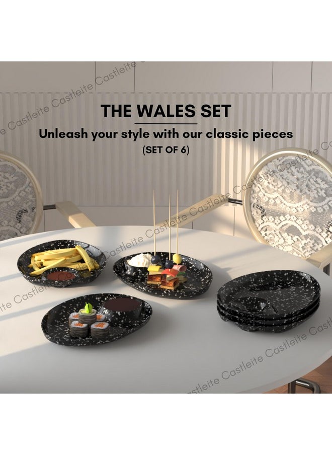 Castleite Wales Multi-Purpose Kitchen Serving Platter: Deluxe Melamine Crockery Set of 6 - Versatile Chip and Dip Dish for Snacks, Starters & Desserts (Marble Black)