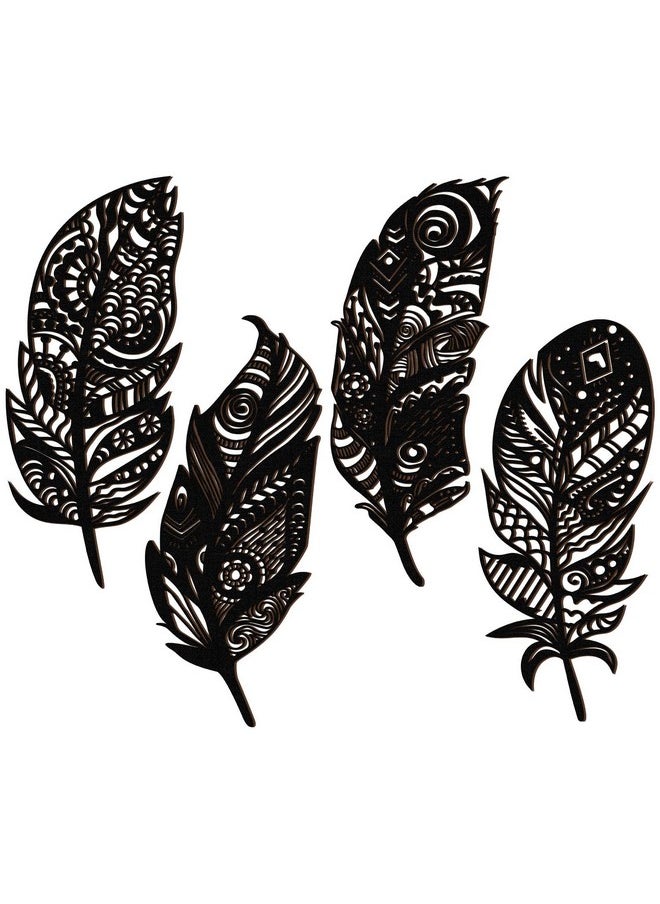 4 Pieces Feather Wall Decor Wooden Feather Wall Art Boho Wall Decor Laser Cut Hanging Mandala Large Rustic Feather Farmhouse Wood Sign For Home Living Room Bedroom Bathroom Kitchen (Black)