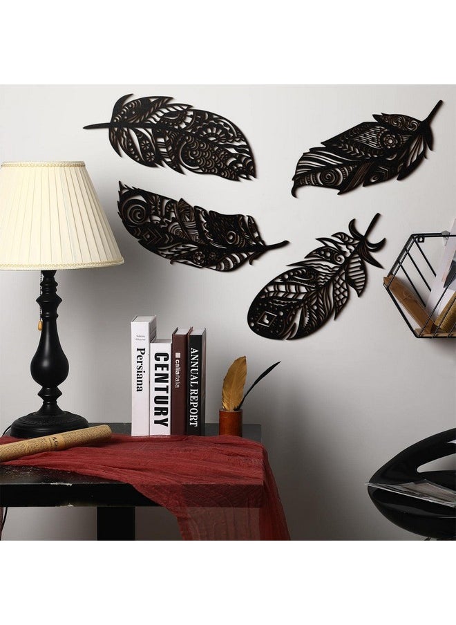 4 Pieces Feather Wall Decor Wooden Feather Wall Art Boho Wall Decor Laser Cut Hanging Mandala Large Rustic Feather Farmhouse Wood Sign For Home Living Room Bedroom Bathroom Kitchen (Black)