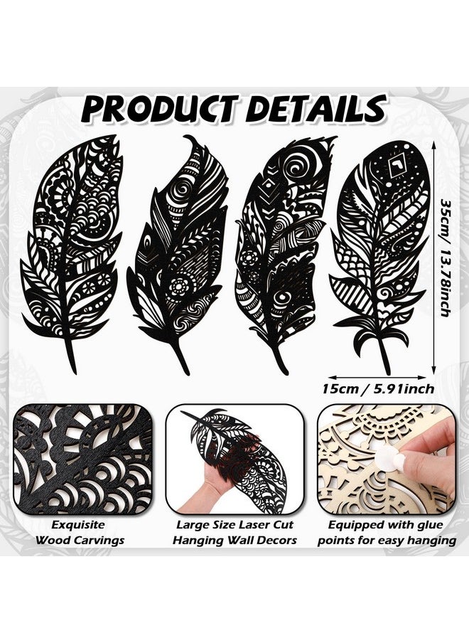 4 Pieces Feather Wall Decor Wooden Feather Wall Art Boho Wall Decor Laser Cut Hanging Mandala Large Rustic Feather Farmhouse Wood Sign For Home Living Room Bedroom Bathroom Kitchen (Black)