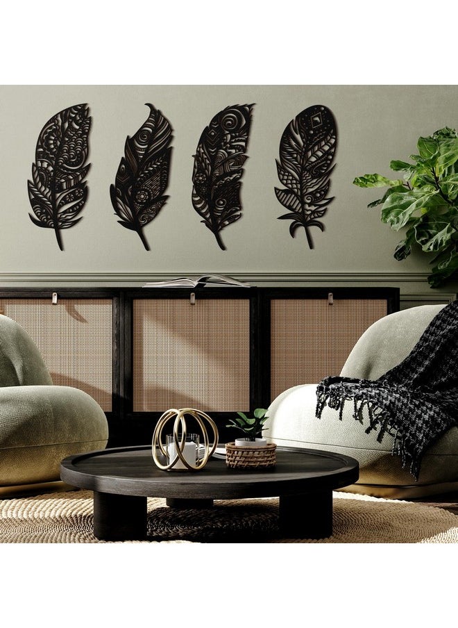 4 Pieces Feather Wall Decor Wooden Feather Wall Art Boho Wall Decor Laser Cut Hanging Mandala Large Rustic Feather Farmhouse Wood Sign For Home Living Room Bedroom Bathroom Kitchen (Black)