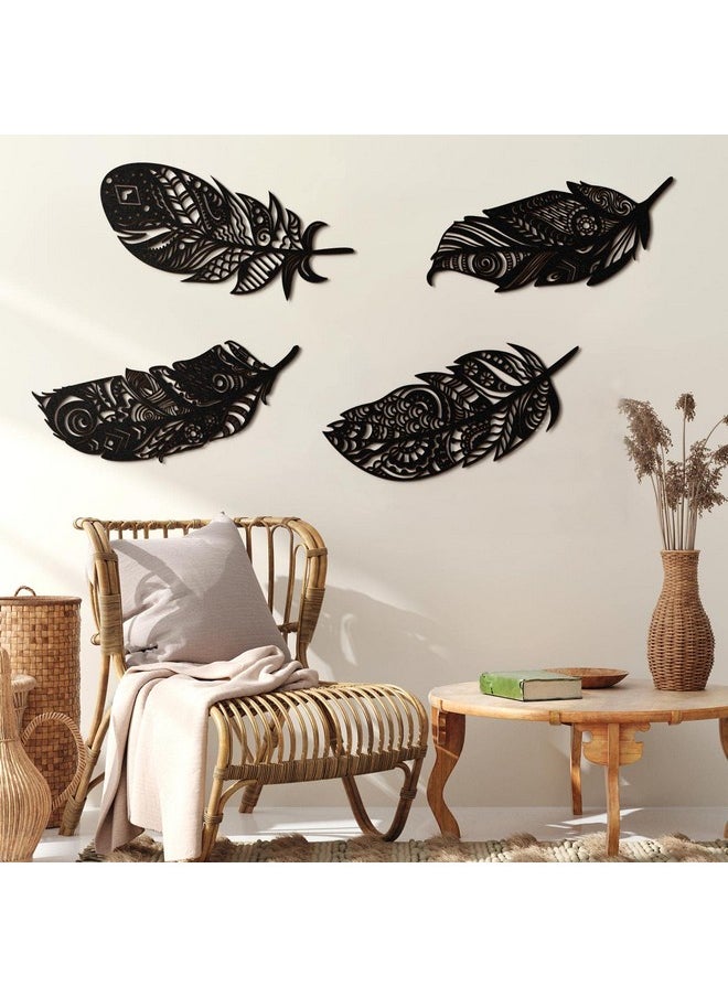 4 Pieces Feather Wall Decor Wooden Feather Wall Art Boho Wall Decor Laser Cut Hanging Mandala Large Rustic Feather Farmhouse Wood Sign For Home Living Room Bedroom Bathroom Kitchen (Black)