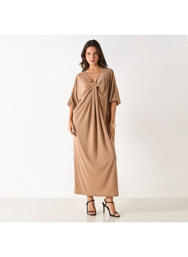 Iconic Textured Kaftan Dress with V-neck and Drape Detail