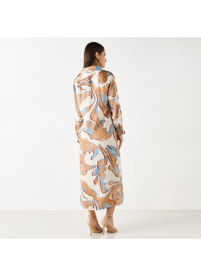 Iconic All-Over Print Collared Dress with Long Sleeves