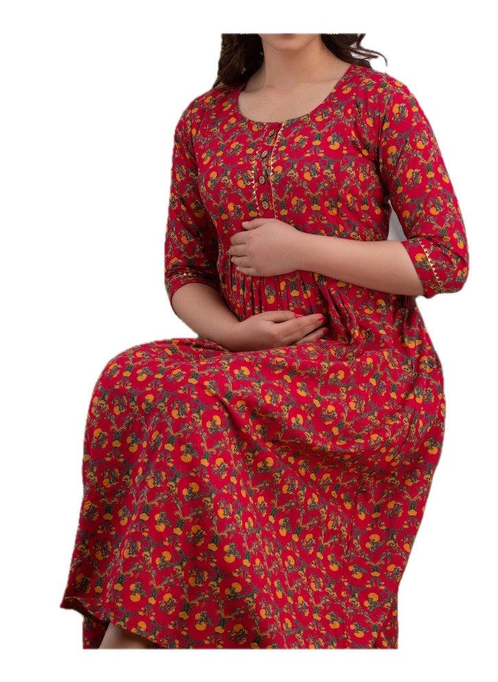 Zebees Cotton Maternity & Feeding Dress, Comfortable Fit, Concealed Zips