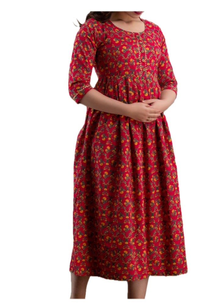 Zebees Cotton Maternity & Feeding Dress, Comfortable Fit, Concealed Zips