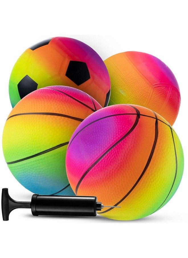 Rainbow Sports Balls 6 Inch (Pack Of 4) Inflatable Vinyl Balls For Kids And Toddlers With Added Hand Air Pump Neon Basketball Soccer Ball And Volleyball For Playground Indoor And Outdoor Use