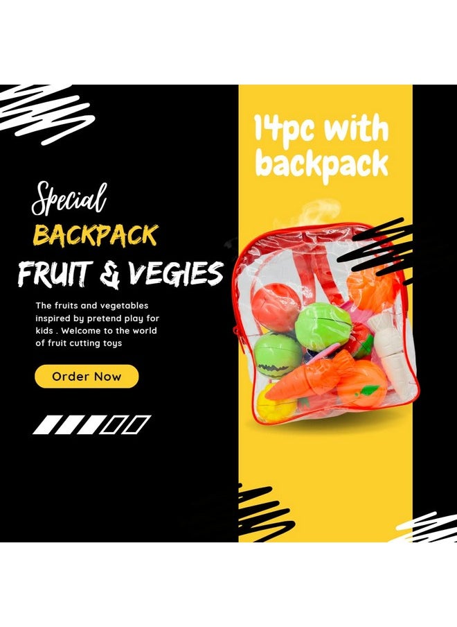 PLUSPOINT Food Cutting Toys 14 PCS with Storage Bag Play Cutting Food Kitchen Toy Cutting Fruits Vegetables Pretend Food Playset Early Development Learning Toy Gifts for Toddlers Girls (14pc Backpack)
