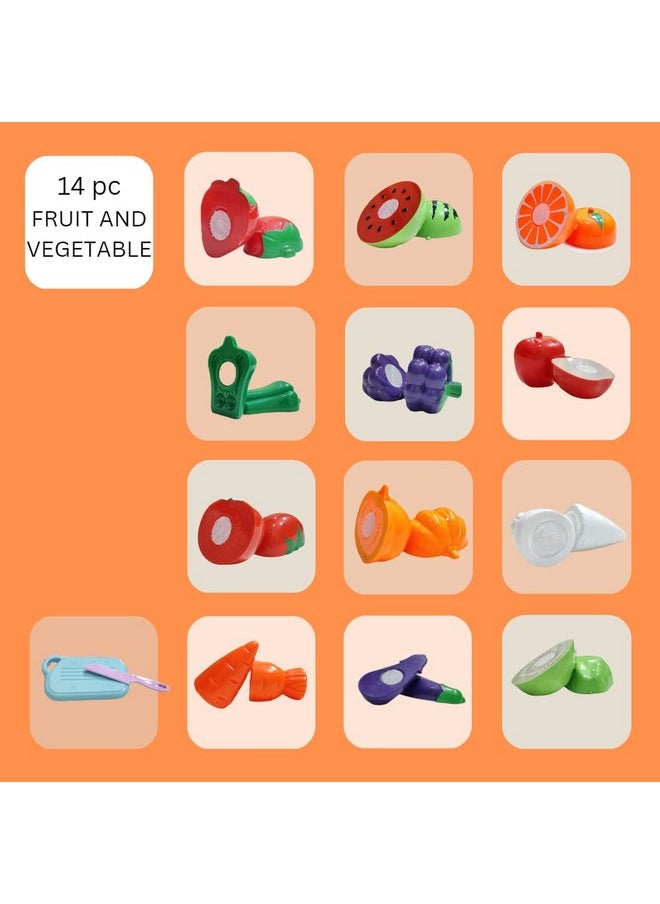 PLUSPOINT Food Cutting Toys 14 PCS with Storage Bag Play Cutting Food Kitchen Toy Cutting Fruits Vegetables Pretend Food Playset Early Development Learning Toy Gifts for Toddlers Girls (14pc Backpack)