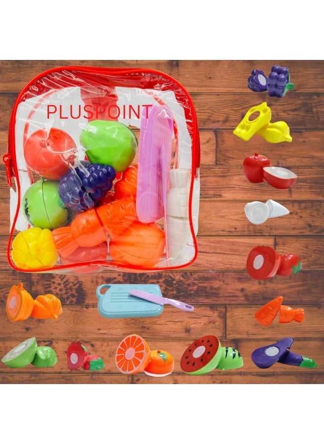 PLUSPOINT Food Cutting Toys 14 PCS with Storage Bag Play Cutting Food Kitchen Toy Cutting Fruits Vegetables Pretend Food Playset Early Development Learning Toy Gifts for Toddlers Girls (14pc Backpack)