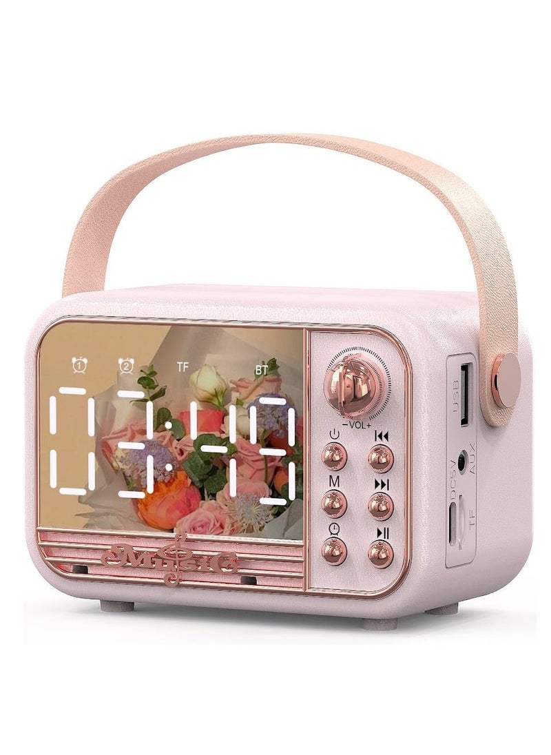 Retro Bluetooth Speaker, Wireless Vintage Small Speaker with Stereo Sound, Hands Free Call, Dual Alarm,TF Card, Aux Line, Water Proof for Travel, Home, Beach, Kitchen for Android/iOS Devices (Pink)