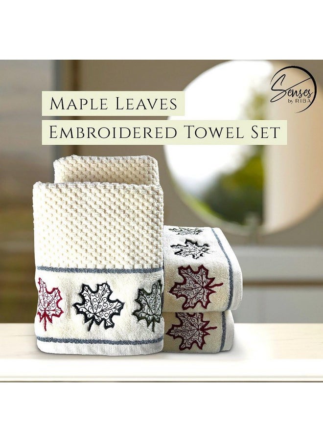SENSES by Riba All Cotton 550 GSM Embroidered Towel Set for Bath | Quick Drying, Highly Absorbant, Great for Gifting - Pack of 4-2pcs Bath + 2pcs Hand Towels, Ivory (Style 7)